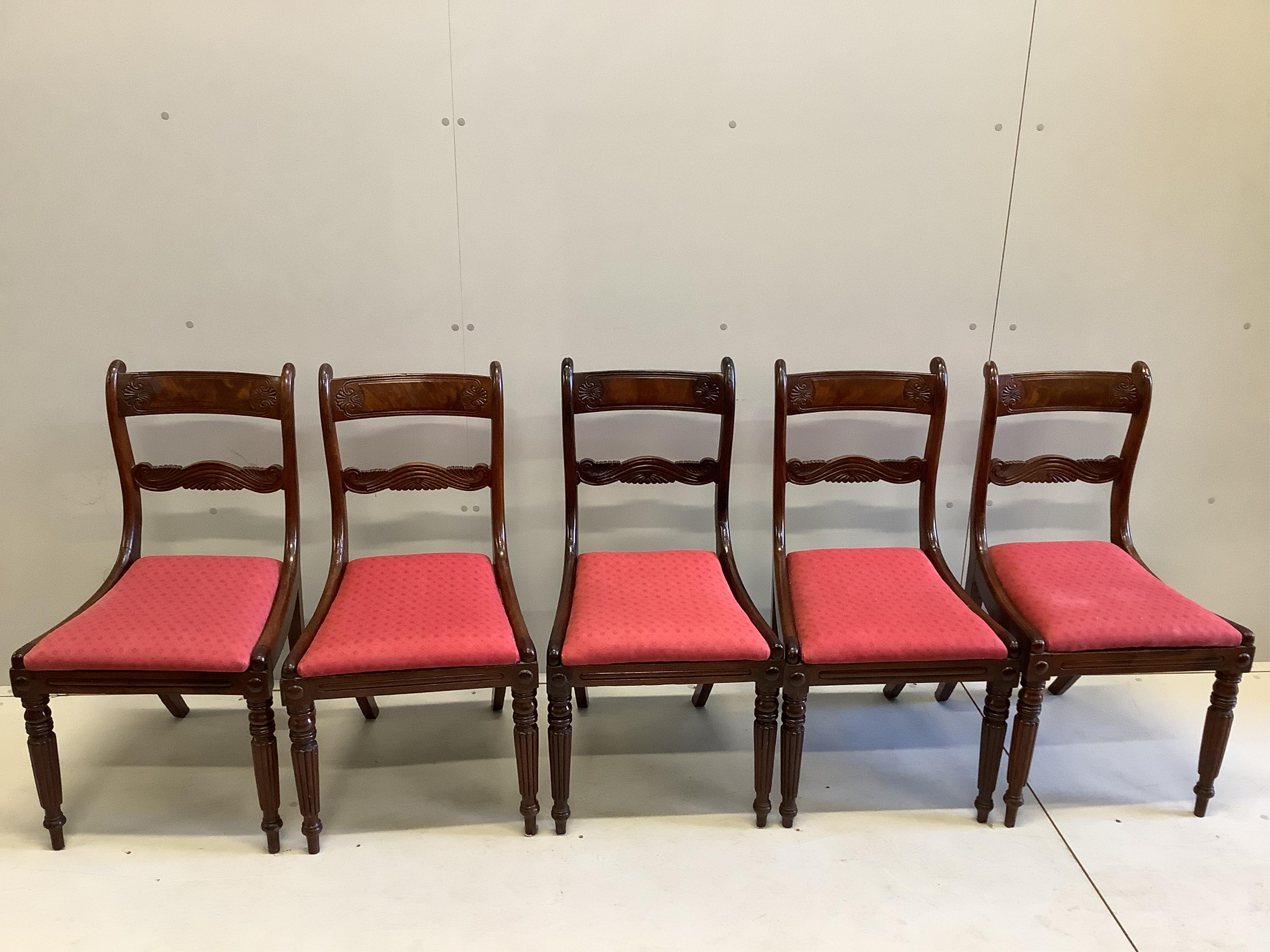 A set of five Regency mahogany dining chairs, width 45cm, depth 43cm, height 86cm